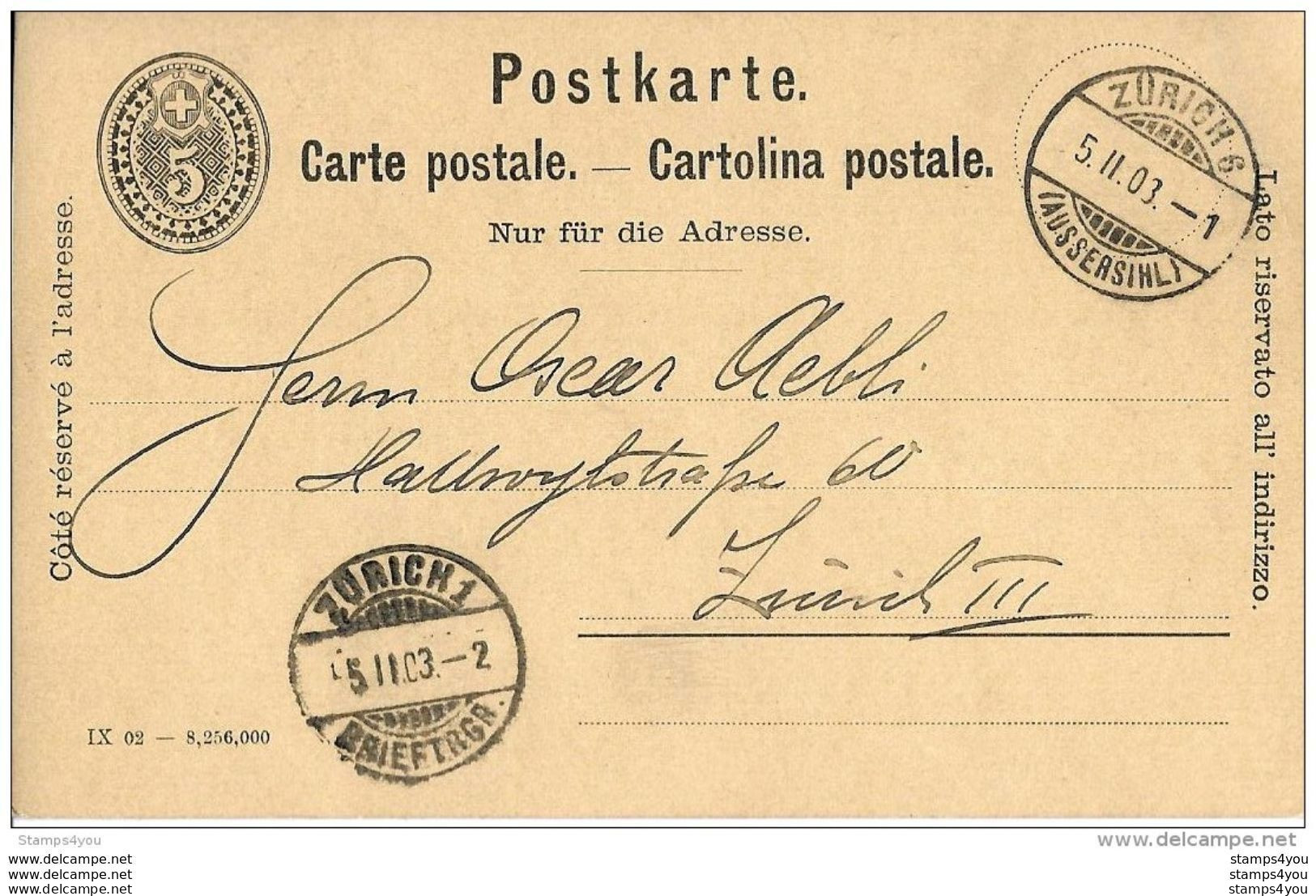 24 - 53 - Entier Postal  5cts Envoyé De Zürich 1903 - Entiers Postaux