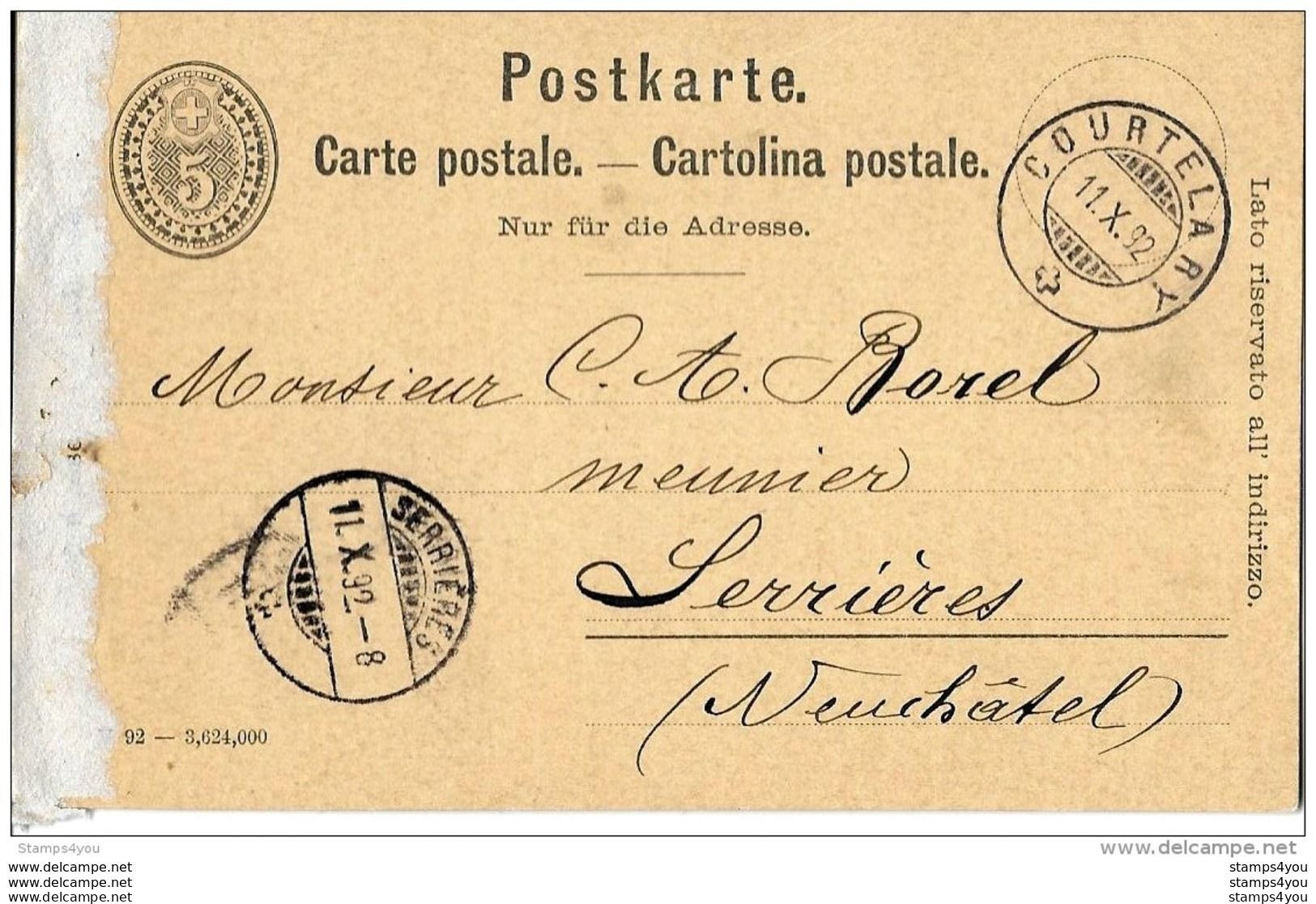 24-45 - Entier Postal 5cts Avec Cachets à Date De Courtelary Et Serrières 1892 - Entiers Postaux