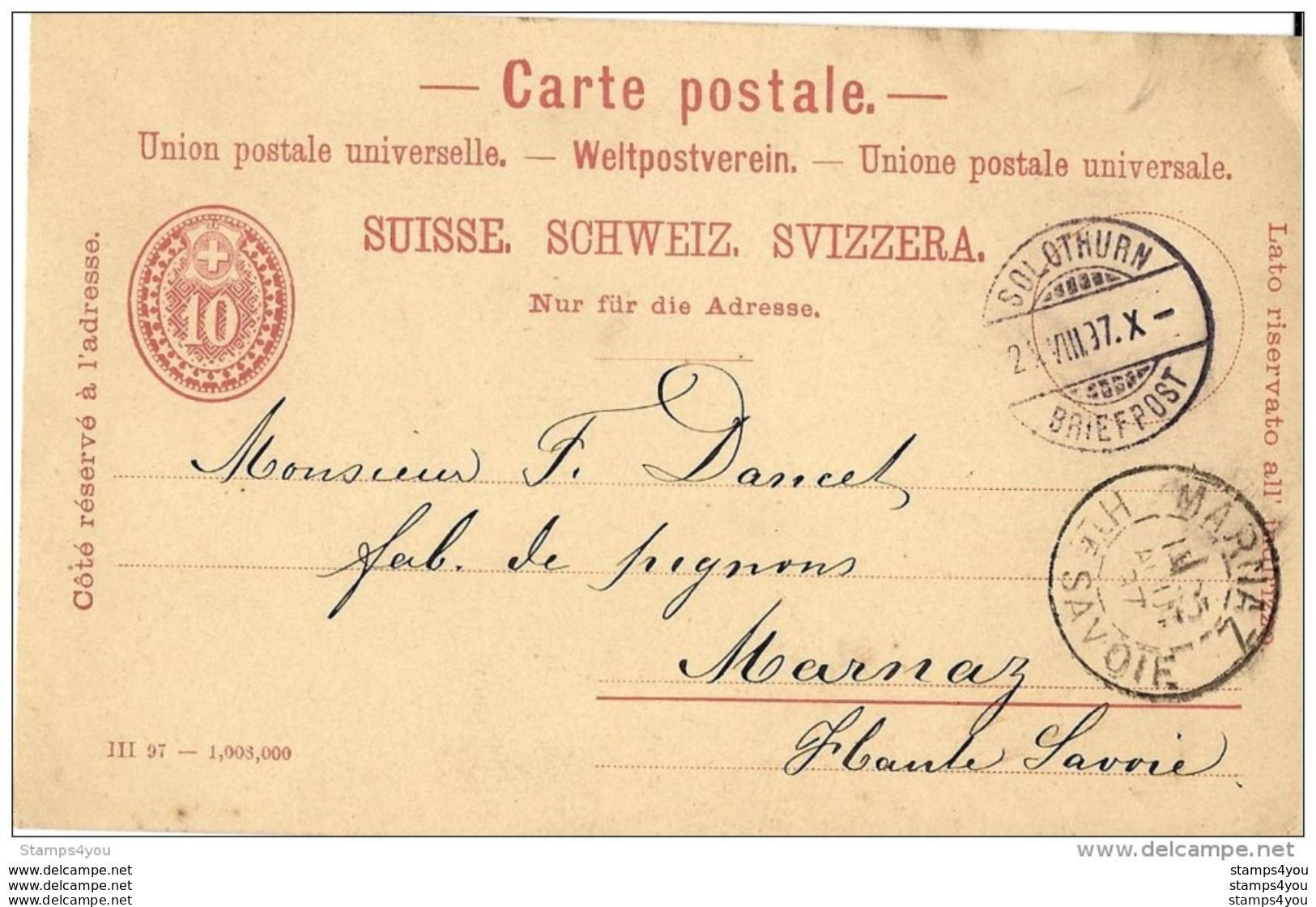 24-29 - Entier Postal Envoyé De Solothurn 1897 - Entiers Postaux