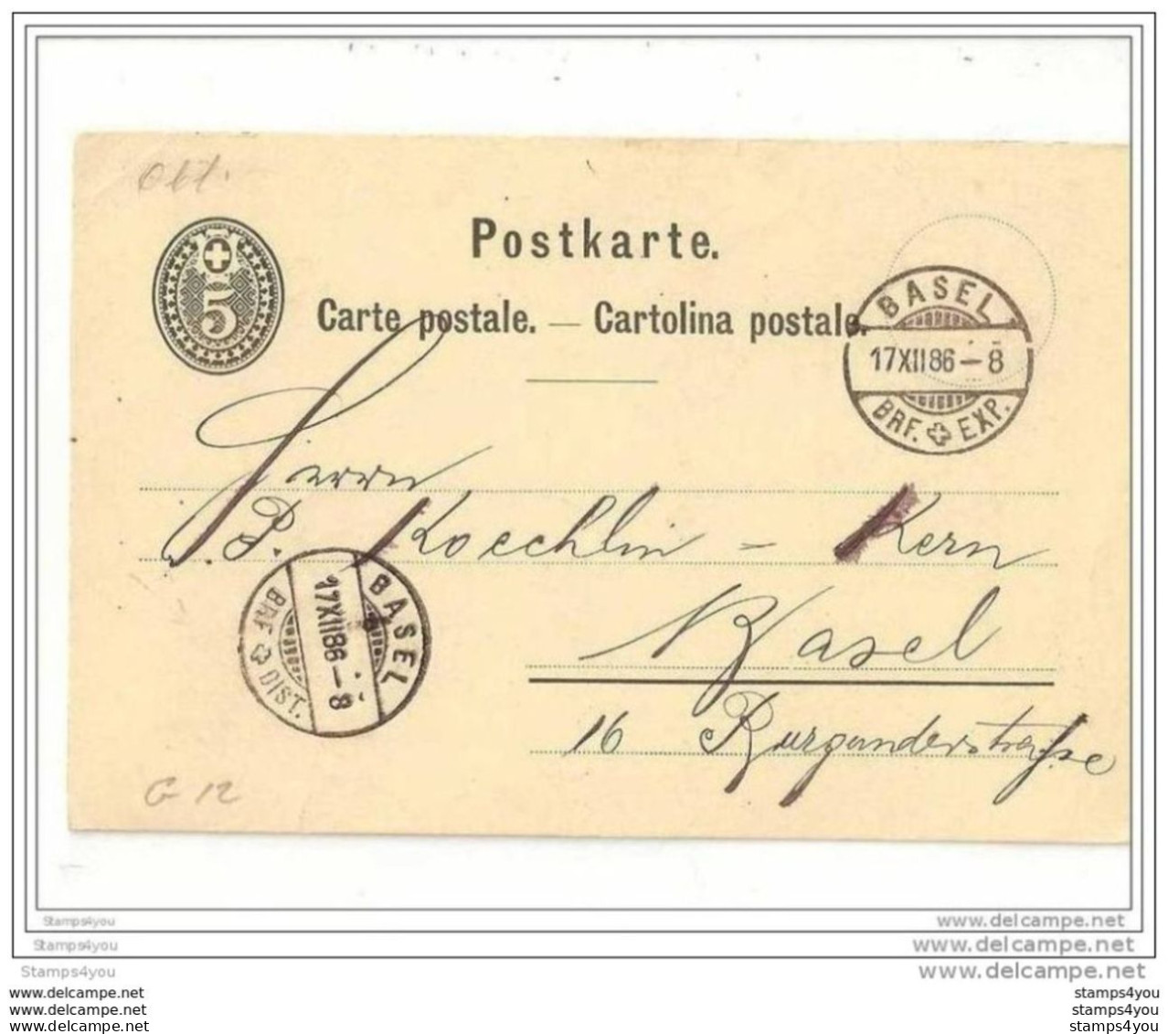 24 - 8 - Entier Postal 5cts Envoyée De Basel 1886 - Entiers Postaux