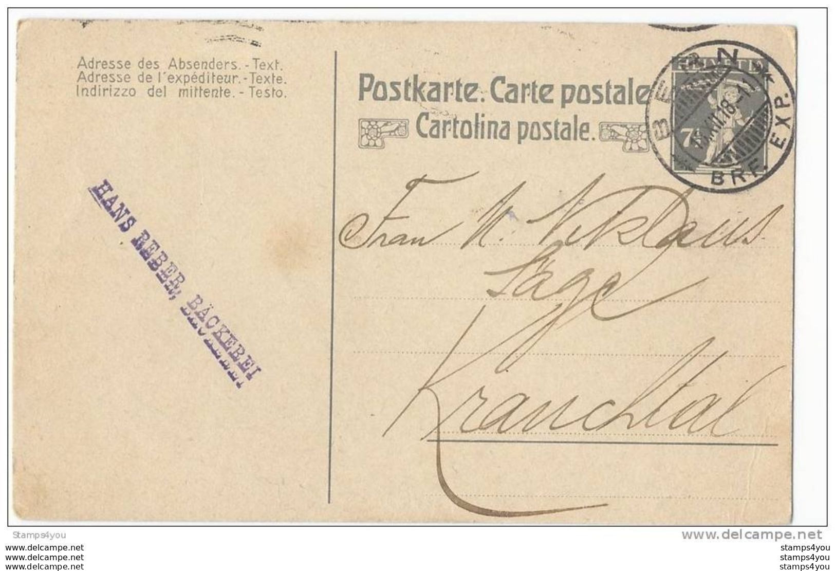 24-4 - Entier Postal  7,5 Cts Avec Superbe Cachet à Date De Bern 1918 - Entiers Postaux