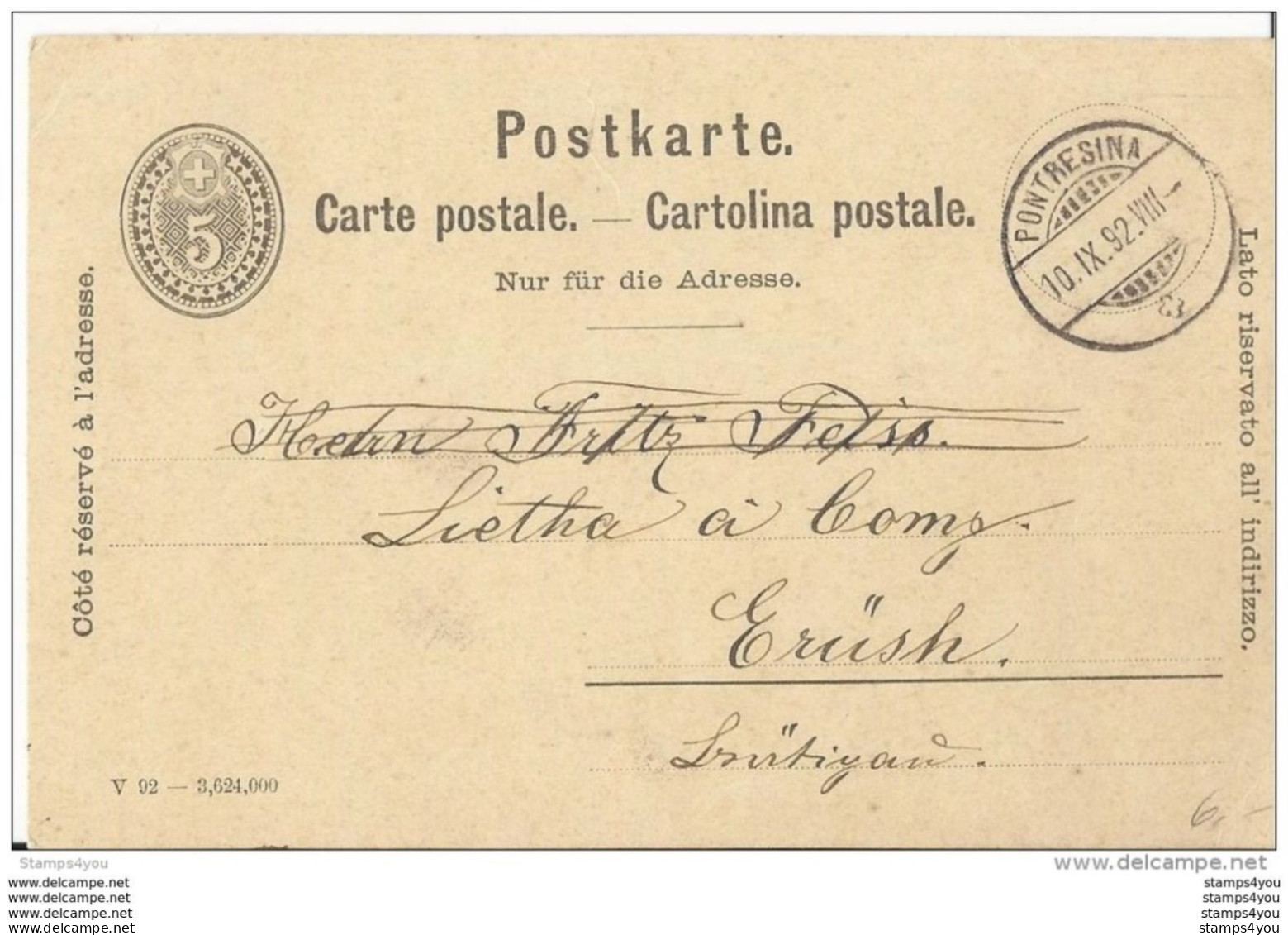 24-26 - Entier Postal 5cts Avec Cachets à Date De  Pontresina 1892 - Entiers Postaux