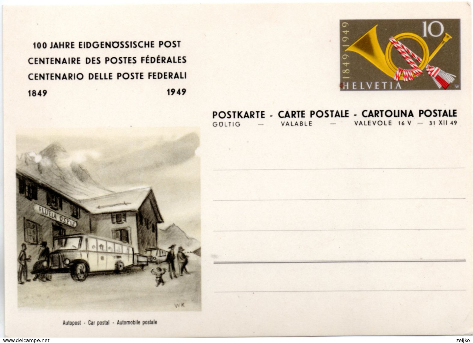 Switzerland, Stationery, Card, 100 Years Of Swiss Post, 1949 - Entiers Postaux