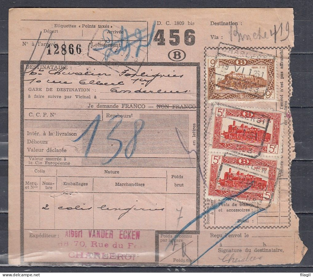 Vrachtbrief Met Stempel CHARLEROI NORD N°3 - Documentos & Fragmentos