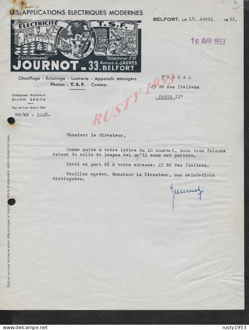 LETTRE COMMERCIALE ILLUSTRÉE DE 1953 JOURNOT ÉLECTRICITÉ T.S.F ECLAIRAGE CINEMA ECT À BELFORT : - Electricité & Gaz