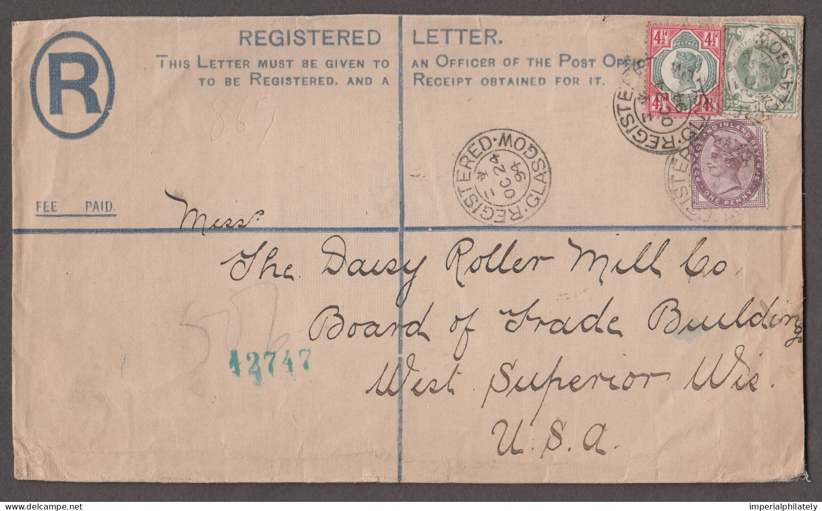 1894 (Oct 24) Registered Envelope From Glasgow To The USA With 1881 1d Lilac Die II, 1887 1s Green And 1892 4 1/2d Green - Cartas & Documentos
