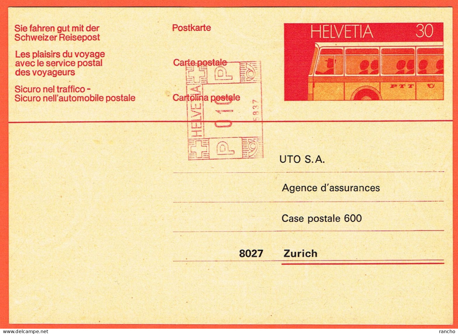 SUISSE . CARTE POSTALE + TAMPON 10cts . OBLITERE . ZÜRICH .8.1.1976. Pour .ZÜRICH . - Entiers Postaux