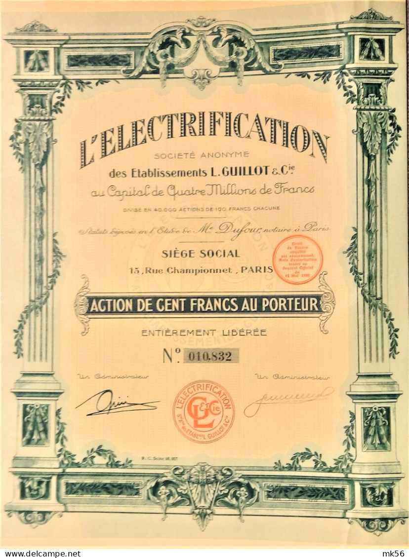 S.A. L'electrification Des Etablissements L.Guillot & Cie - Action De 100 Francs (1926) - Electricité & Gaz
