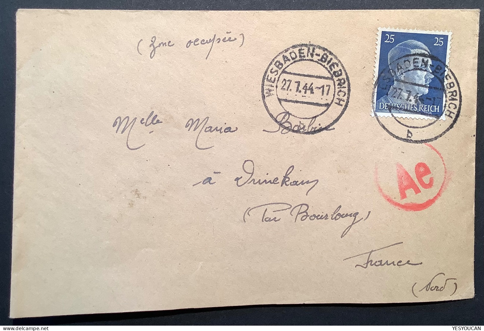 KGF: “LANDGRABEN-LAGER WIESBADEN-BIEBRICH 1944 Zensur Brief>France (censure POW Camp Cover Lettre WW2 Guerre 1939-45 - Lettres & Documents