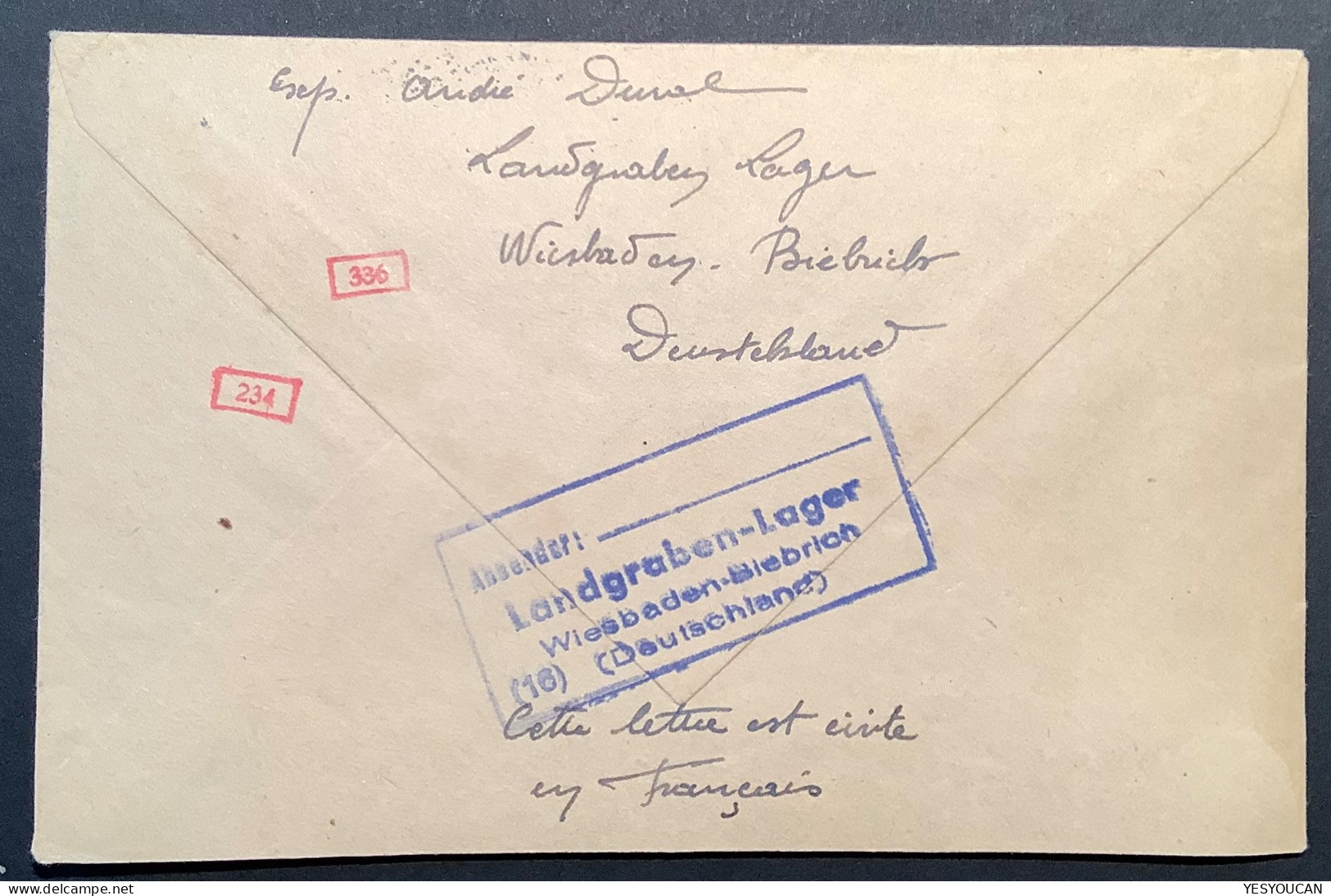 KGF: “LANDGRABEN-LAGER WIESBADEN-BIEBRICH 1944 Zensur Brief>France (censure POW Camp Cover Lettre WW2 Guerre 1939-45 - Covers & Documents