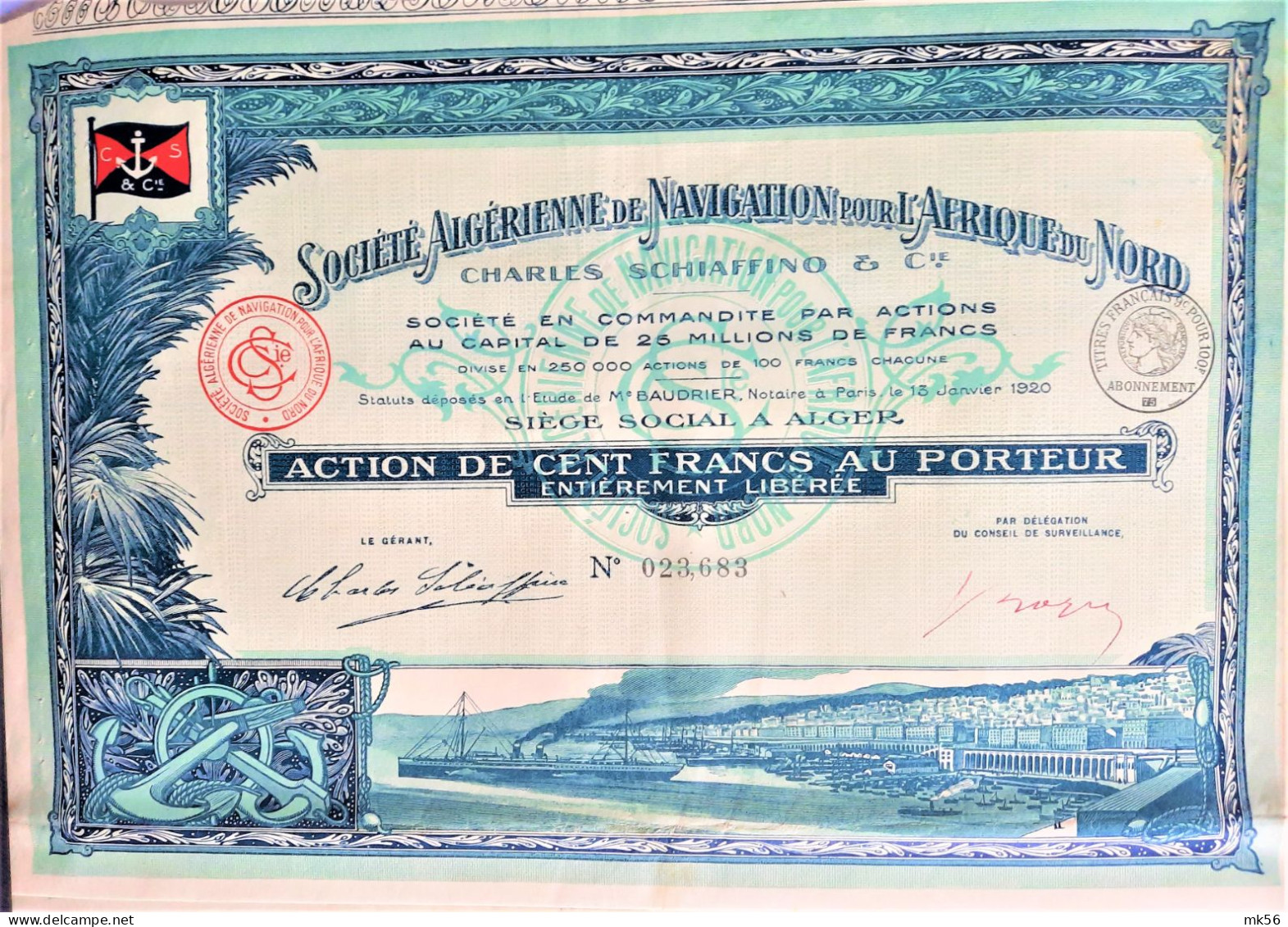 Société Algérienne De Navigation Pour L'Afrique Du Nord - Alger - 1920 - Action De 100 Francs - Deco ! - Navegación
