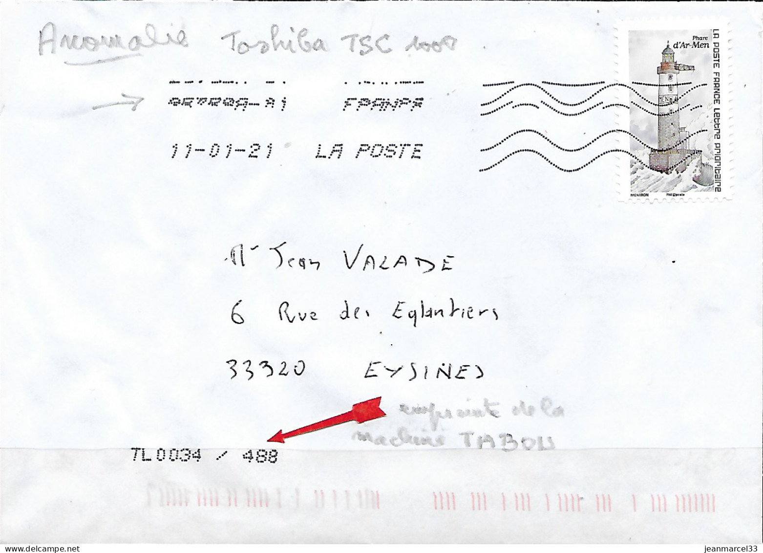 Anomalie Sur La Toshiba TSC 1000 De  ?  Plus Empreinte "TL0034 / 488 " De La Machine TABOU De Cestas - Lettres & Documents