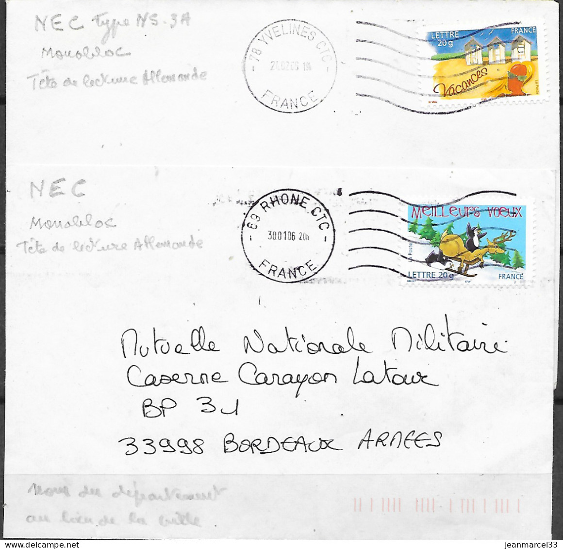 Empreintes NEC Monobloc, Tête Allemande, Nom Du Département Au Lieu De La Ville (69 Rhone CTC Et 78 Yvelines CTC) - Covers & Documents