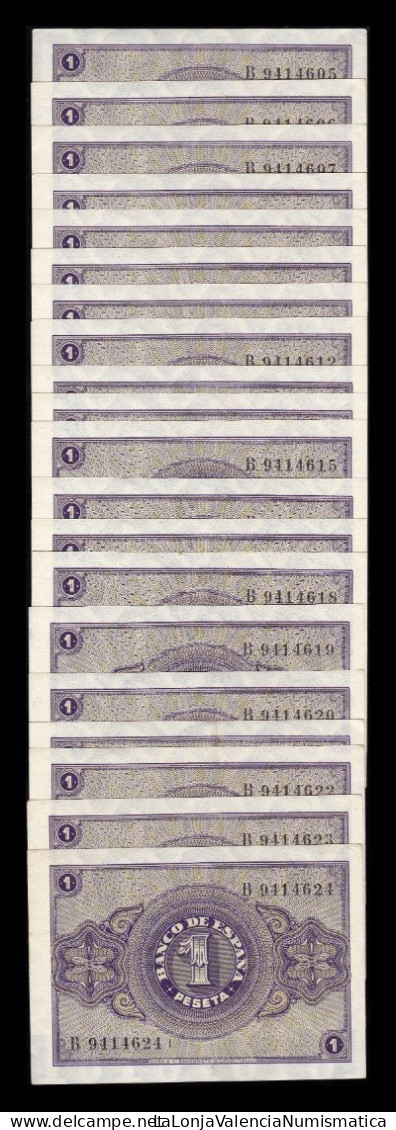 España Spain Lot 20 Banknotes 1 Peseta Burgos Febrero 1938 Pick 107 Serie B Sc-/Sc AUnc/Unc - 1-2 Pesetas