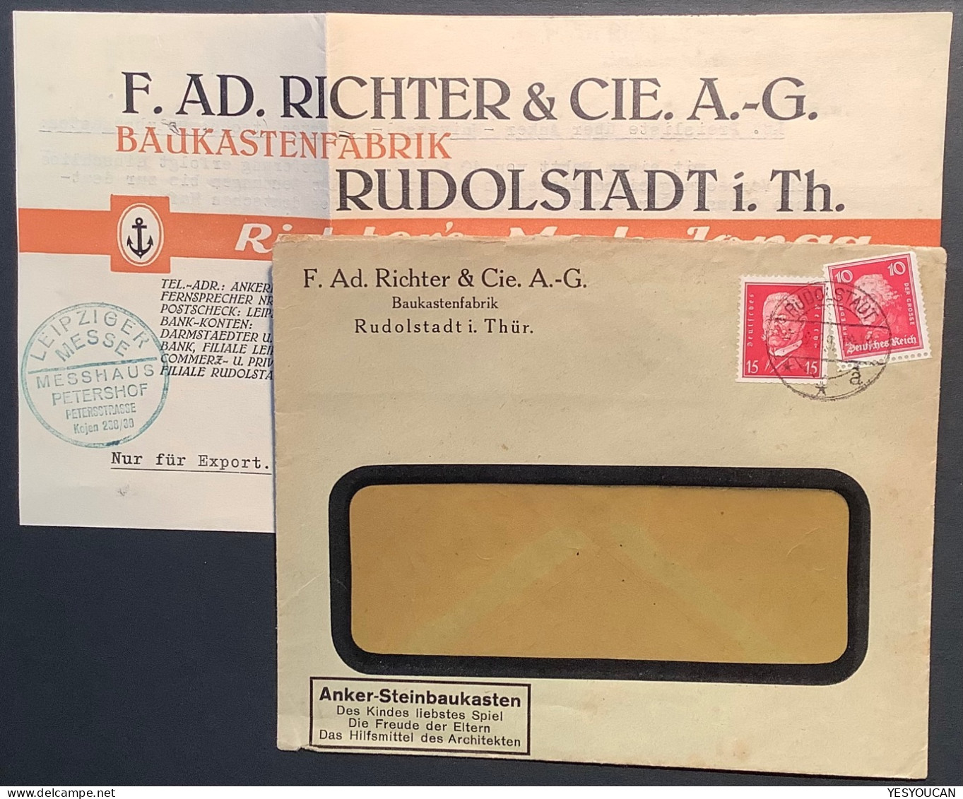 1929 PERFIN: F.AD.RICHTER (Baukasten Spiele Mah-Jongg)RUDOLSTADT I. THÜR Brief(Mahjong Game China Jeu Jeux Chine Anchor - Covers & Documents