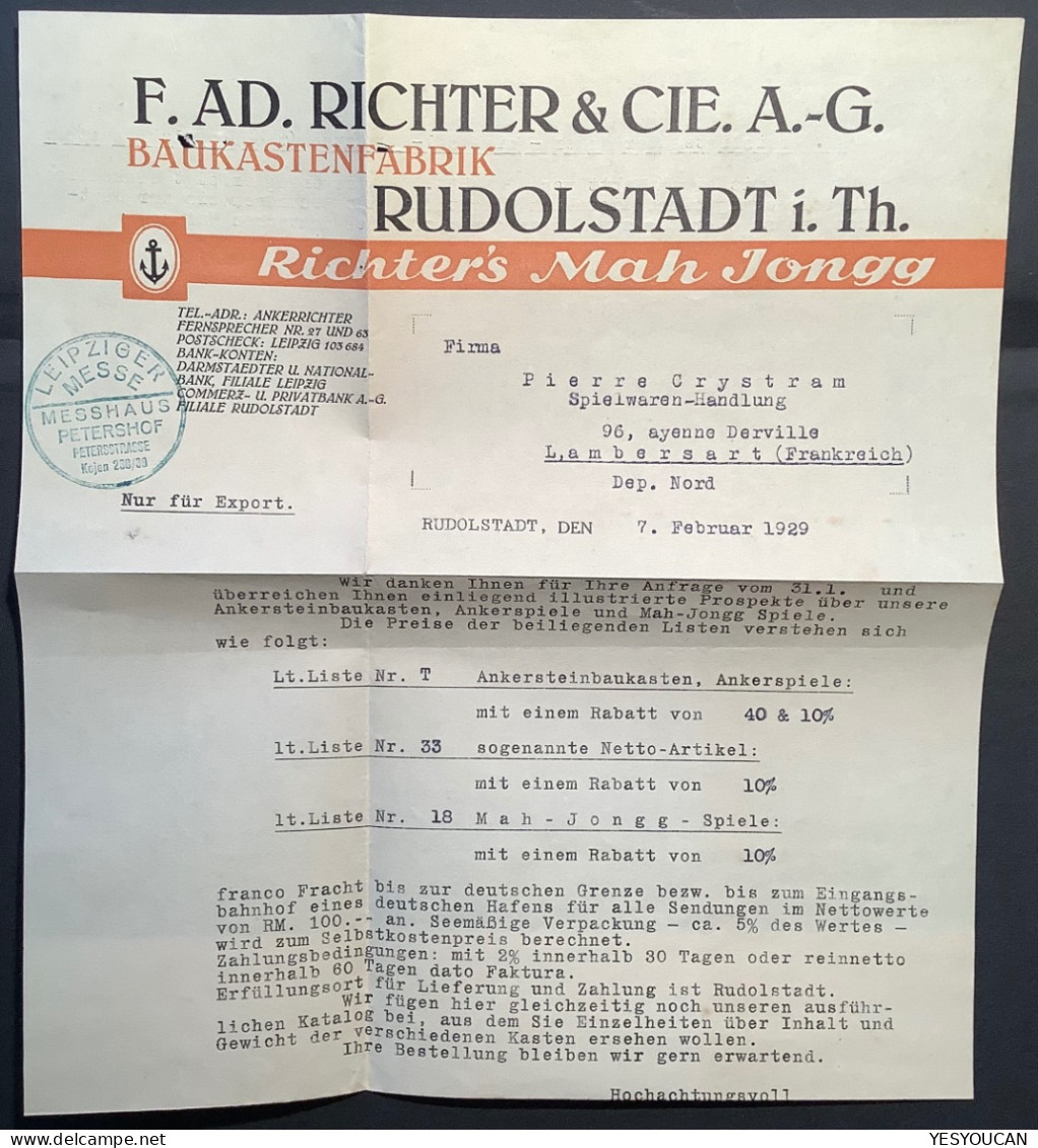 1929 PERFIN: F.AD.RICHTER (Baukasten Spiele Mah-Jongg)RUDOLSTADT I. THÜR Brief(Mahjong Game China Jeu Jeux Chine Anchor - Brieven En Documenten