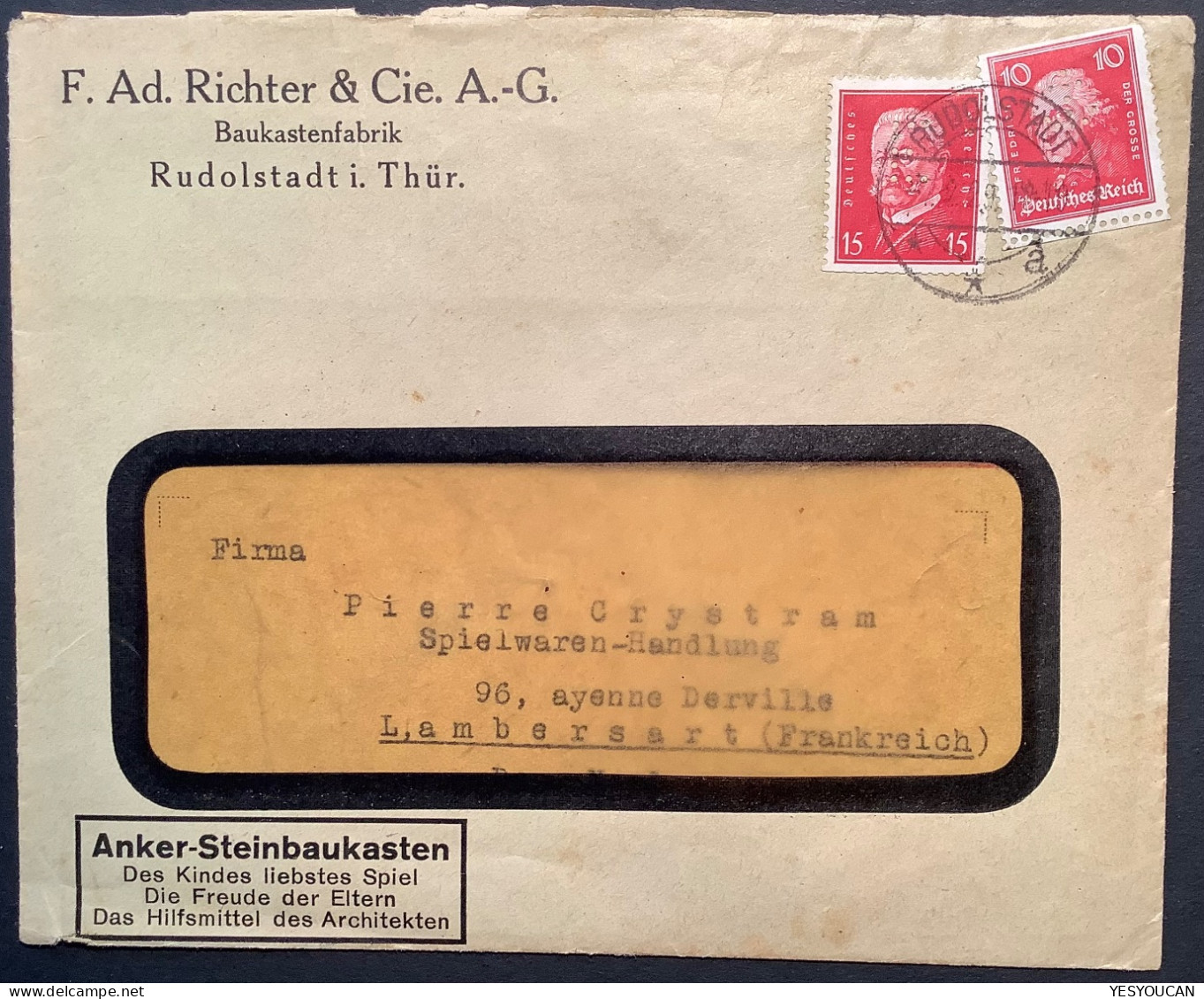 1929 PERFIN: F.AD.RICHTER (Baukasten Spiele Mah-Jongg)RUDOLSTADT I. THÜR Brief(Mahjong Game China Jeu Jeux Chine Anchor - Brieven En Documenten