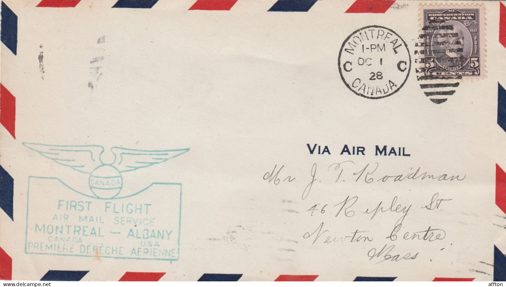 Montreal To Albany Canada 1928 Air Mail Cover Mailed - Aéreo