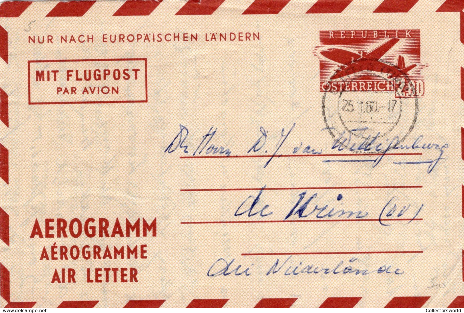 Austria Aerogramme Stationery To The Netherlands 1960 Used - Enveloppes