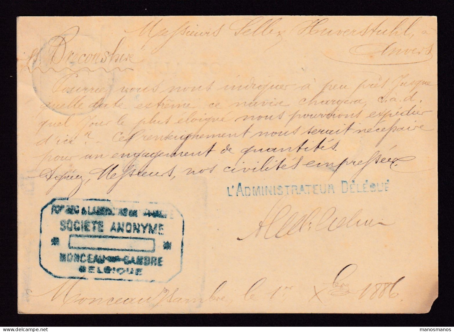 DDFF 529 - Entier Lion Couché MARCHIENNE AU PONT 1886 - Cachet S.A. Des Forges Et Laminoirs De MONCEAU Sur SAMBRE - Postcards 1871-1909