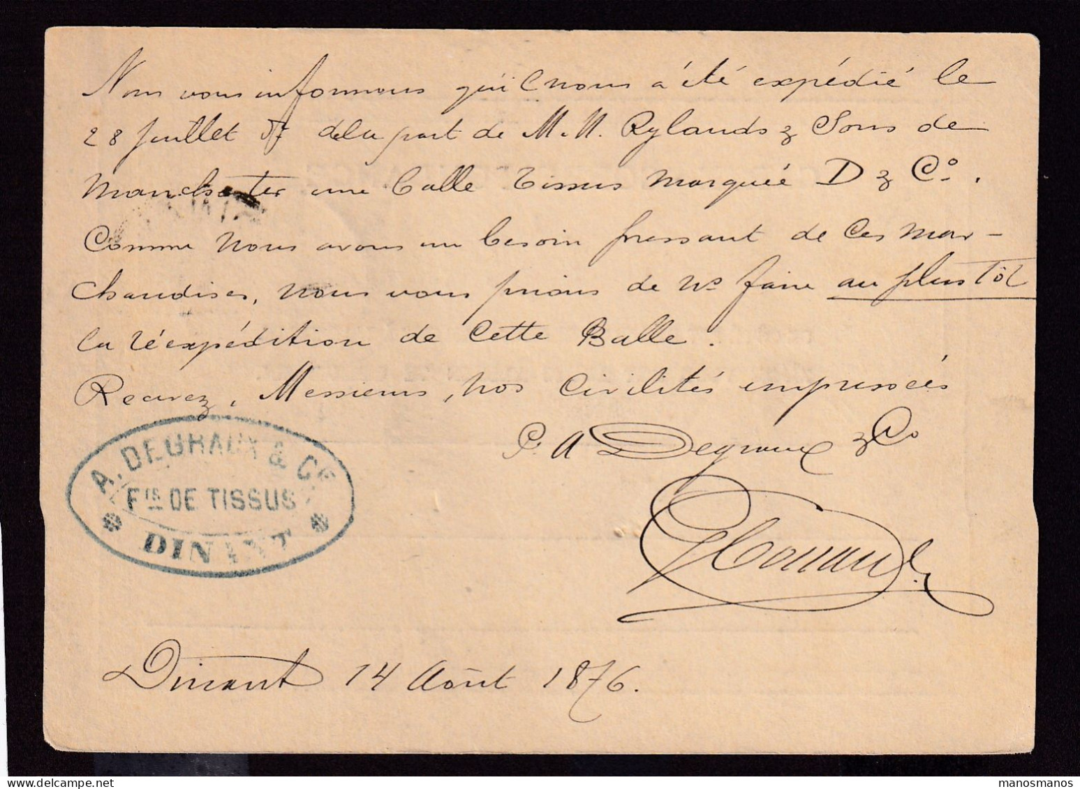 DDFF 530 - Entier Lion Couché DINANT 1876 - Cachet Deghaux § Cie , Fabricant De Tissus - Postcards 1871-1909