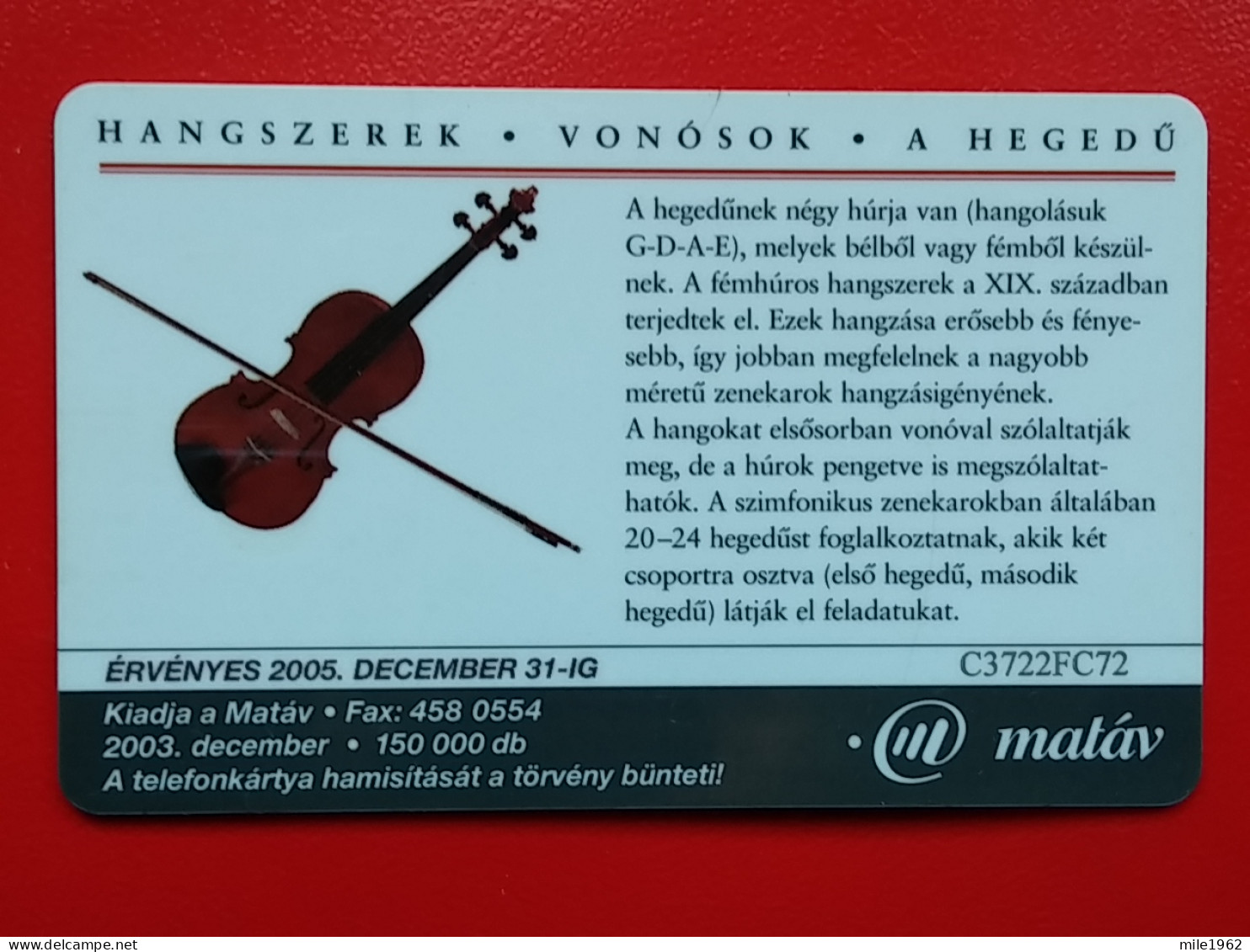 T-29 - TELECARD, PHONECARD, HUNGARY, VIOLIN, VIOLON - Ungarn