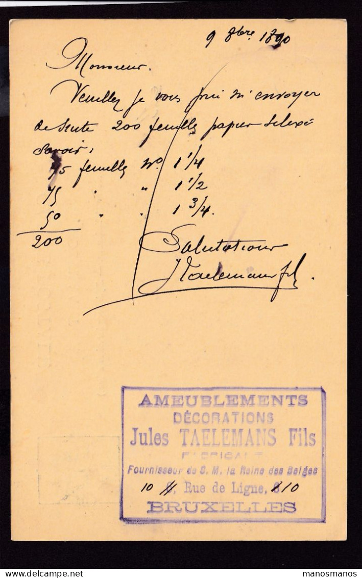 DDFF 533 - ROYAUTE - Entier Lion Couché Bruxelles 1891 - Cachet Ameublements Taelemans, Fournisseur De S.M. La Reine - Briefkaarten 1871-1909