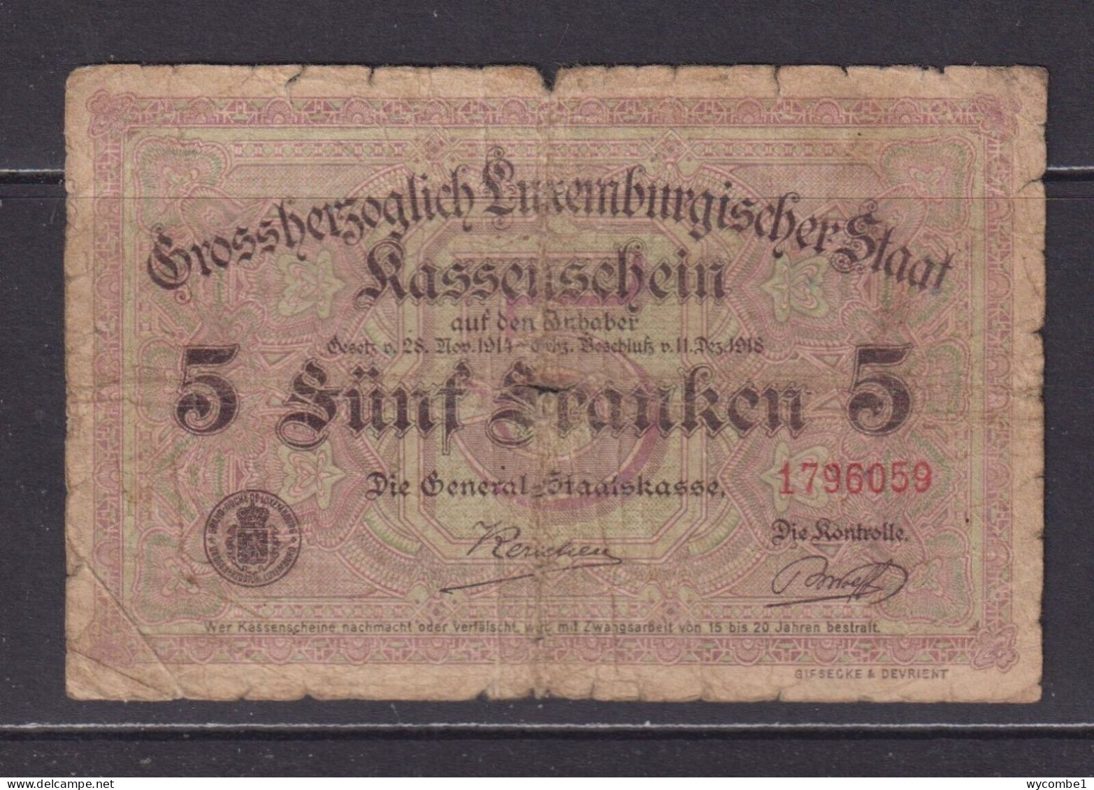 LUXEMBOURG - 1918 5 Franken Circulated Banknote - Lussemburgo