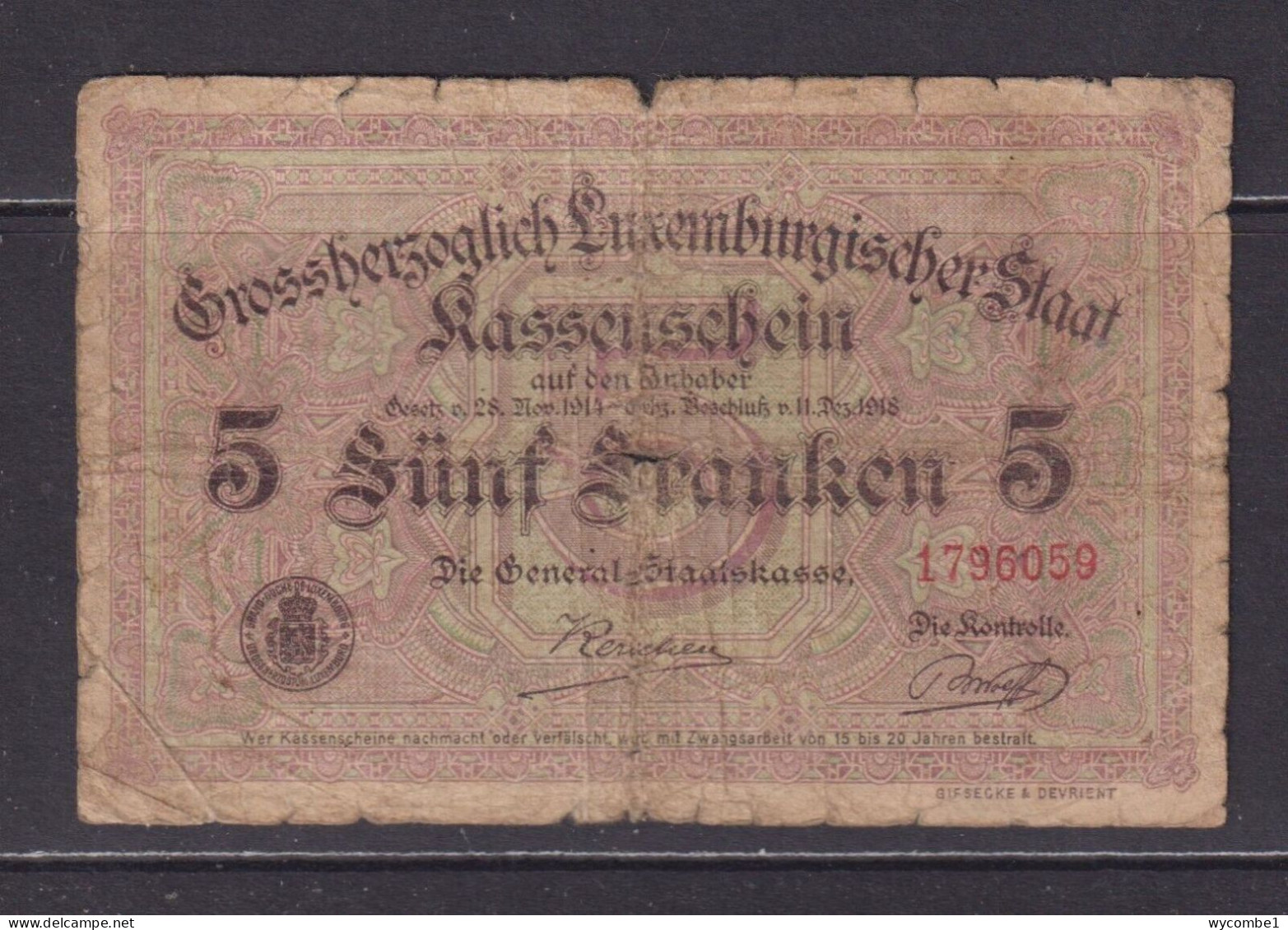 LUXEMBOURG - 1918 5 Franken Circulated Banknote - Luxemburg