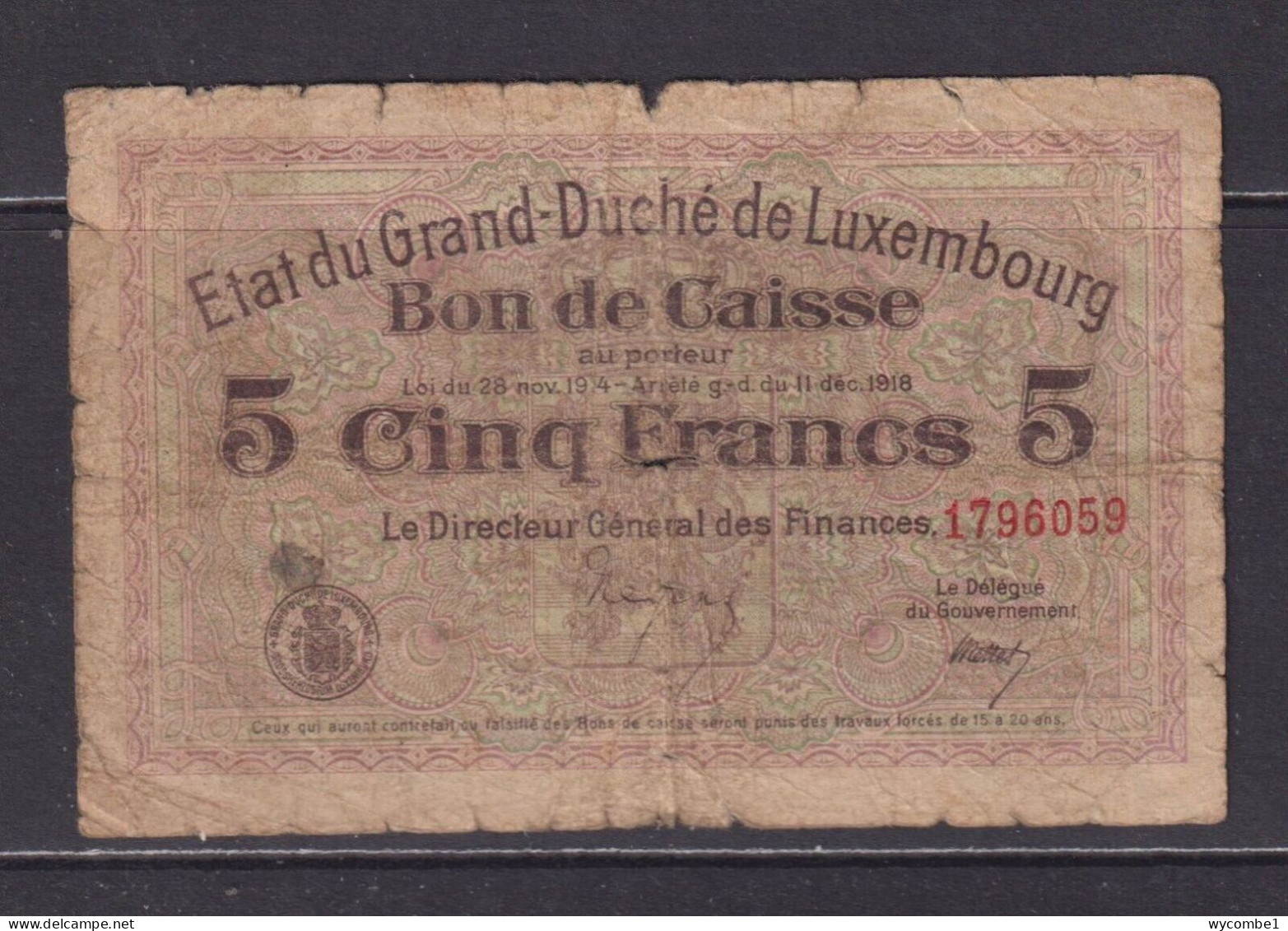 LUXEMBOURG - 1918 5 Franken Circulated Banknote - Luxemburg