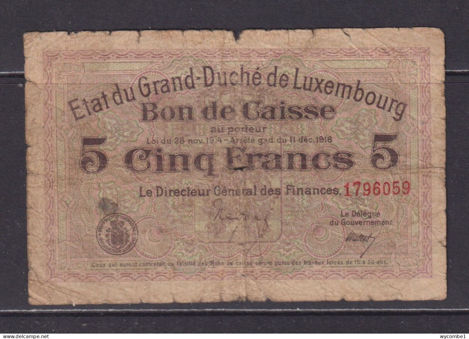 LUXEMBOURG - 1918 5 Franken Circulated Banknote - Lussemburgo