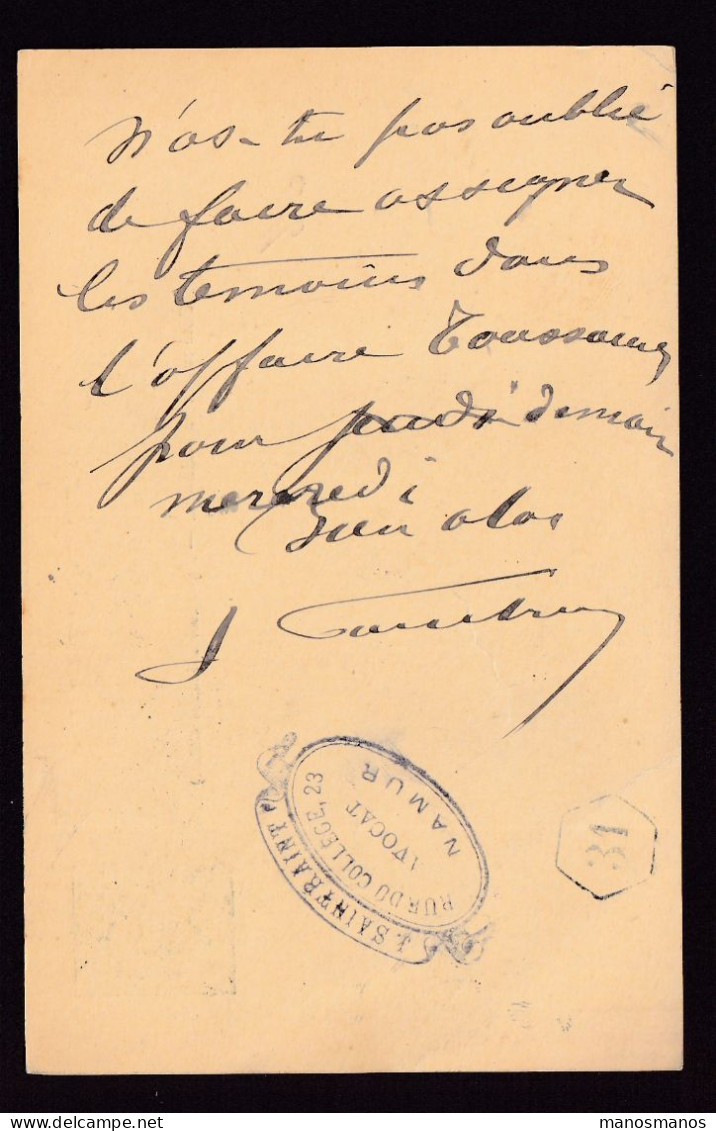 DDFF 535 - Entier Lion Couché NAMUR 1891 - Cachet J. Saintraint, Avocat, Rue Du Collège, 23, à NAMUR - Cartes Postales 1871-1909