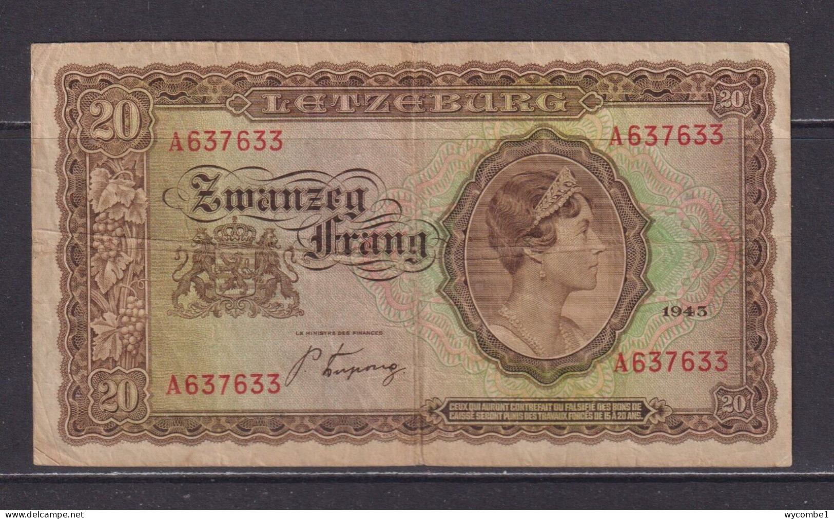 LUXEMBOURG - 1943 20 Francs Circulated Banknote - Luxembourg