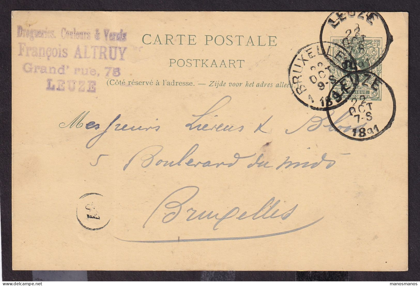 DDFF 539 - Entier Lion Couché LEUZE 1891 - Cachet Droguerie, Couleurs Et Vernis François Altruy à LEUZE - Cartes Postales 1871-1909