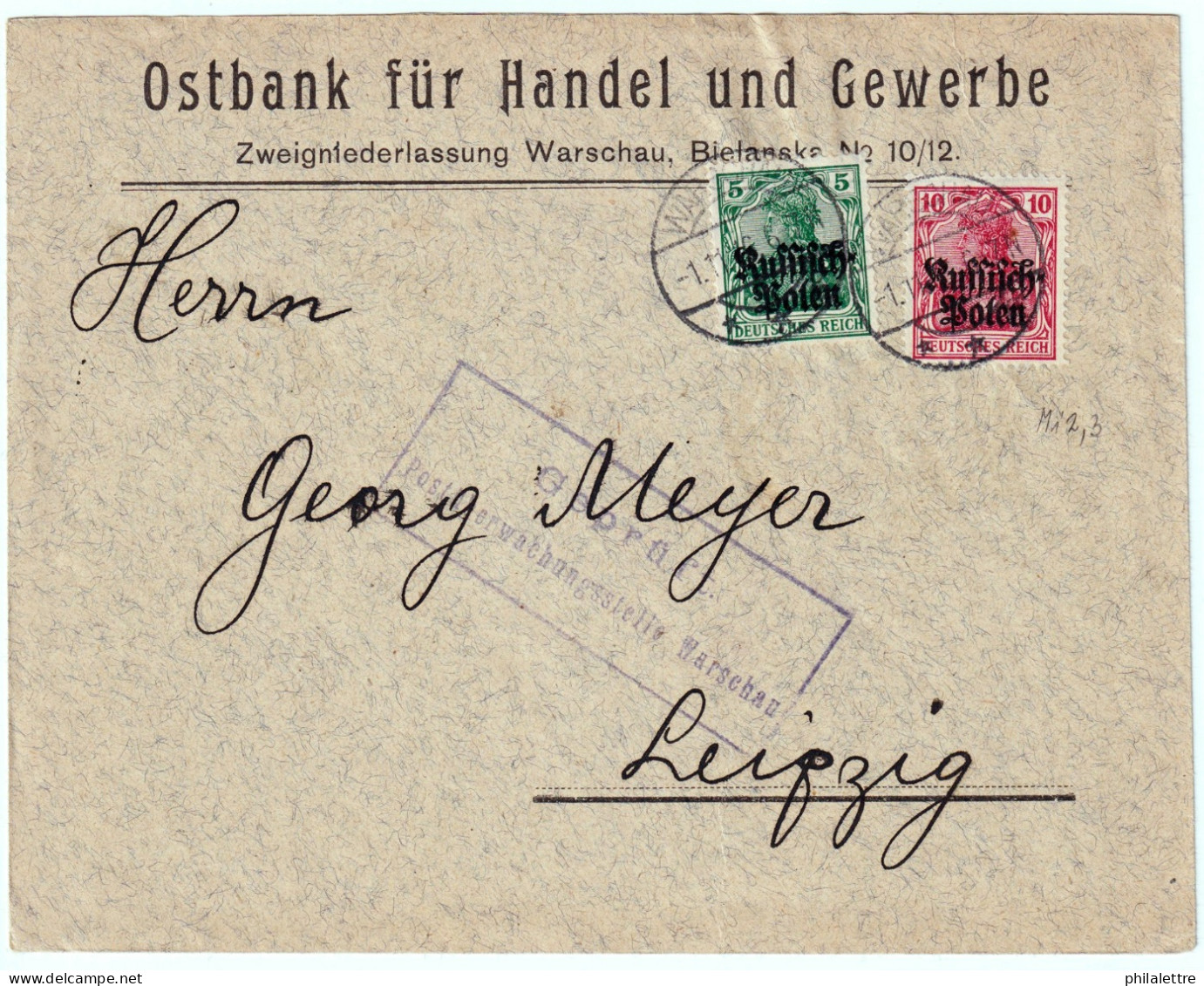 POLOGNE / POLAND - 1916 "RUSSISCH POLEN" German Occupation Mi.2 & 3 On Censored Commercial Cover From Warsaw To Leipzig - Storia Postale