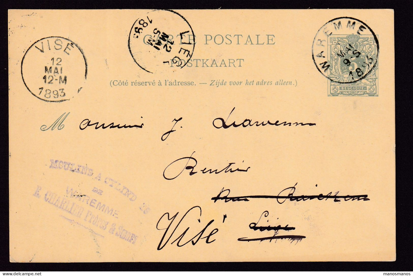 DDFF 541 - Entier Lion Couché WAREMME 1893 - Cachet Moulins à Cylindres Charlier Frères § Soeurs à WAREMME - Briefkaarten 1871-1909