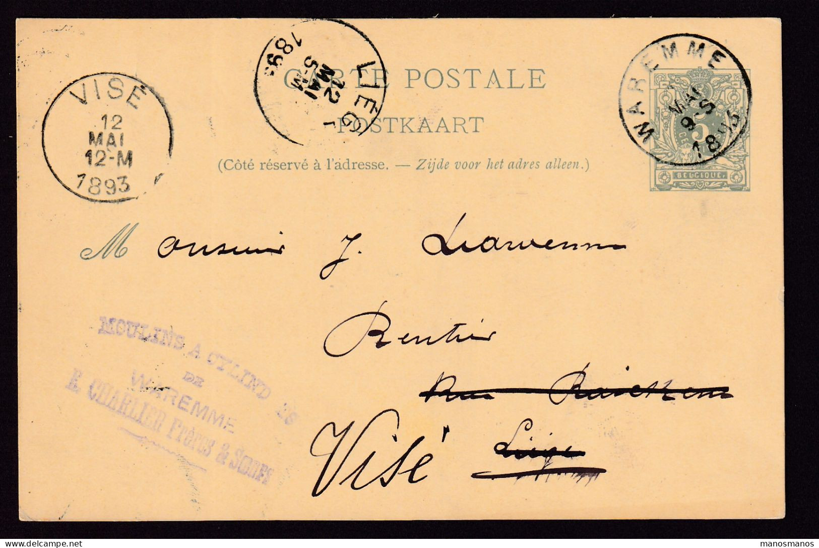 DDFF 541 - Entier Lion Couché WAREMME 1893 - Cachet Moulins à Cylindres Charlier Frères § Soeurs à WAREMME - Cartes Postales 1871-1909