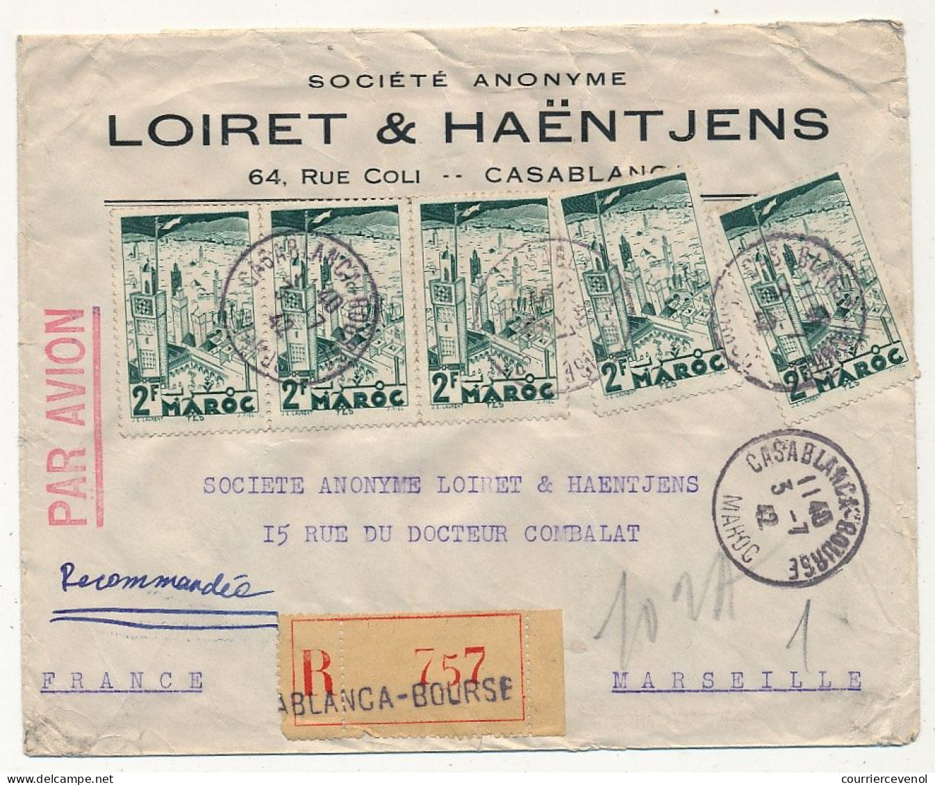 MAROC - Env En-tête Loiret & Haëntjens Casablance Affr Composé 2F Fez X5 Casablanca Bourse Recom. Avion 1942 - Covers & Documents