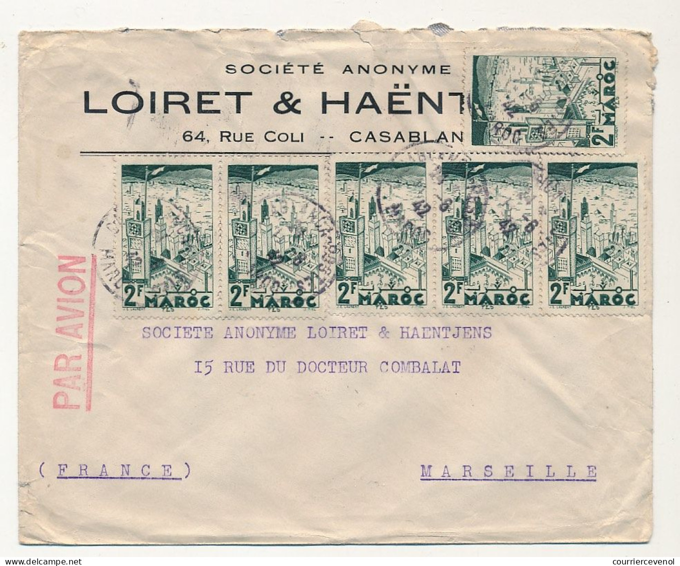 MAROC - Env En-tête Loiret & Haëntjens Casablance Affr Composé 2F Fez X6 Casablanca Bourse  Par Avion 1942 - Lettres & Documents