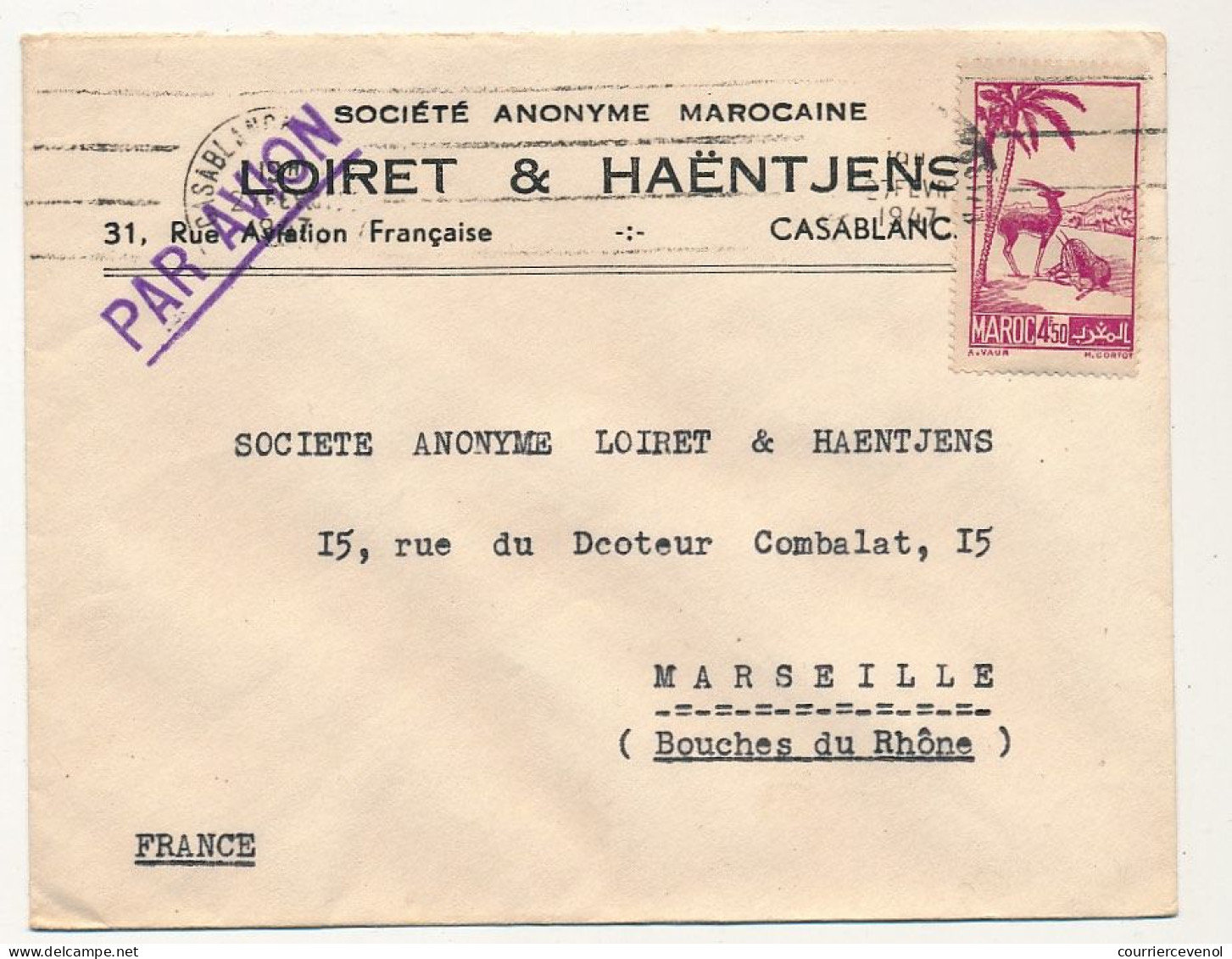 MAROC - Env En-tête Loiret & Haëntjens Casablance Affr 4F50 Omec Casablanca Bourse Par Avion 1947 - Storia Postale