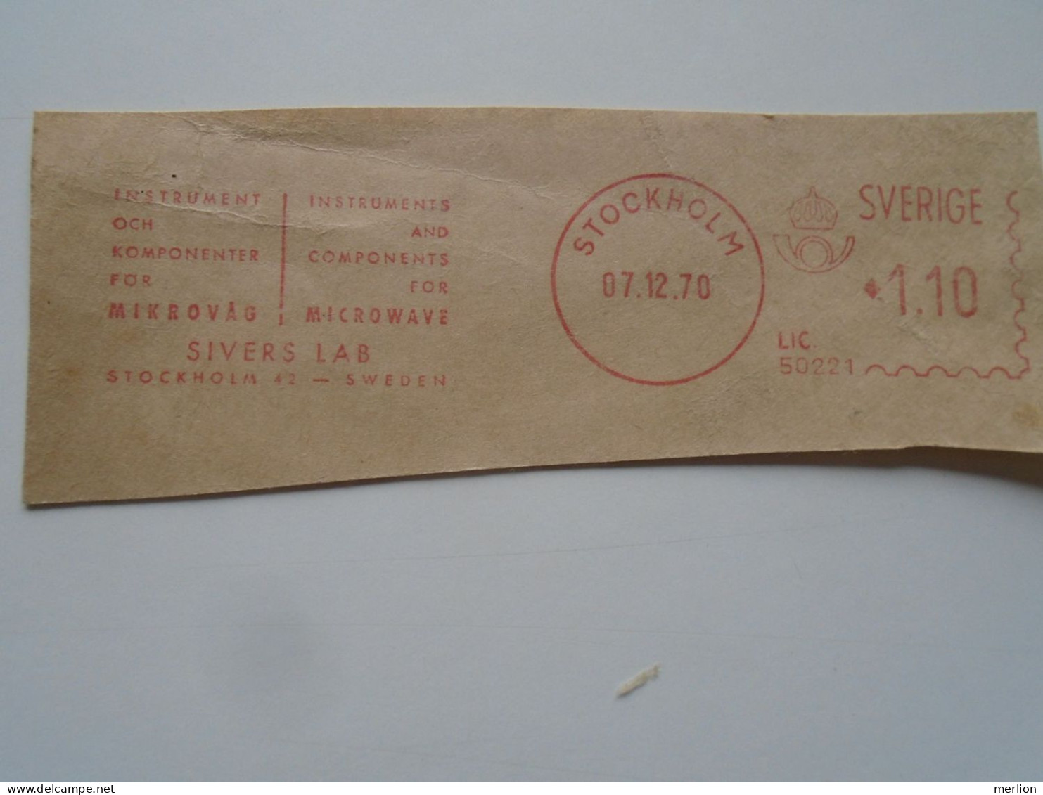 D200358  Red  Meter Stamp Cut- EMA - Freistempel  -1970  Components Fro Microwave   -Sweden  Stockholm  -Electro - Viñetas De Franqueo [ATM]