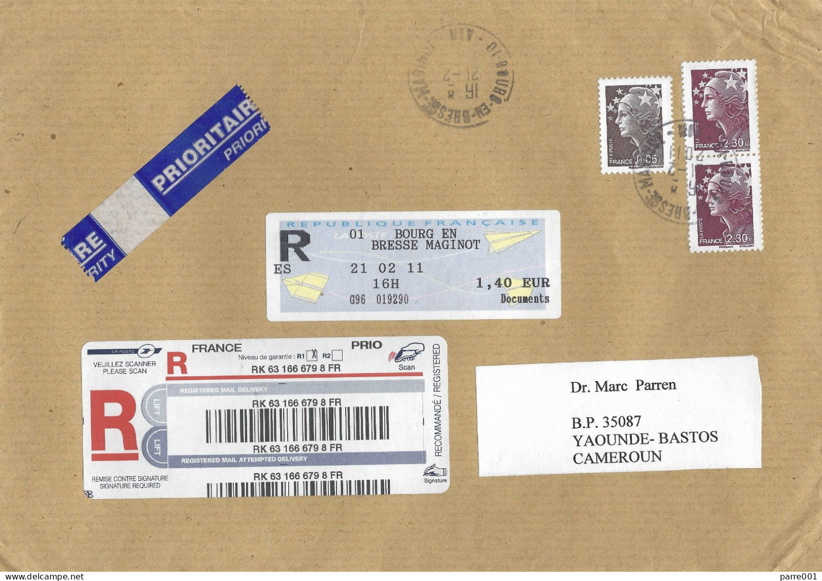 France 2011 Bourg En Bresse Marianne De Beaujard Avions En Papier ATM Registered Cover To Cameroun - 2008-2013 Marianne Van Beaujard