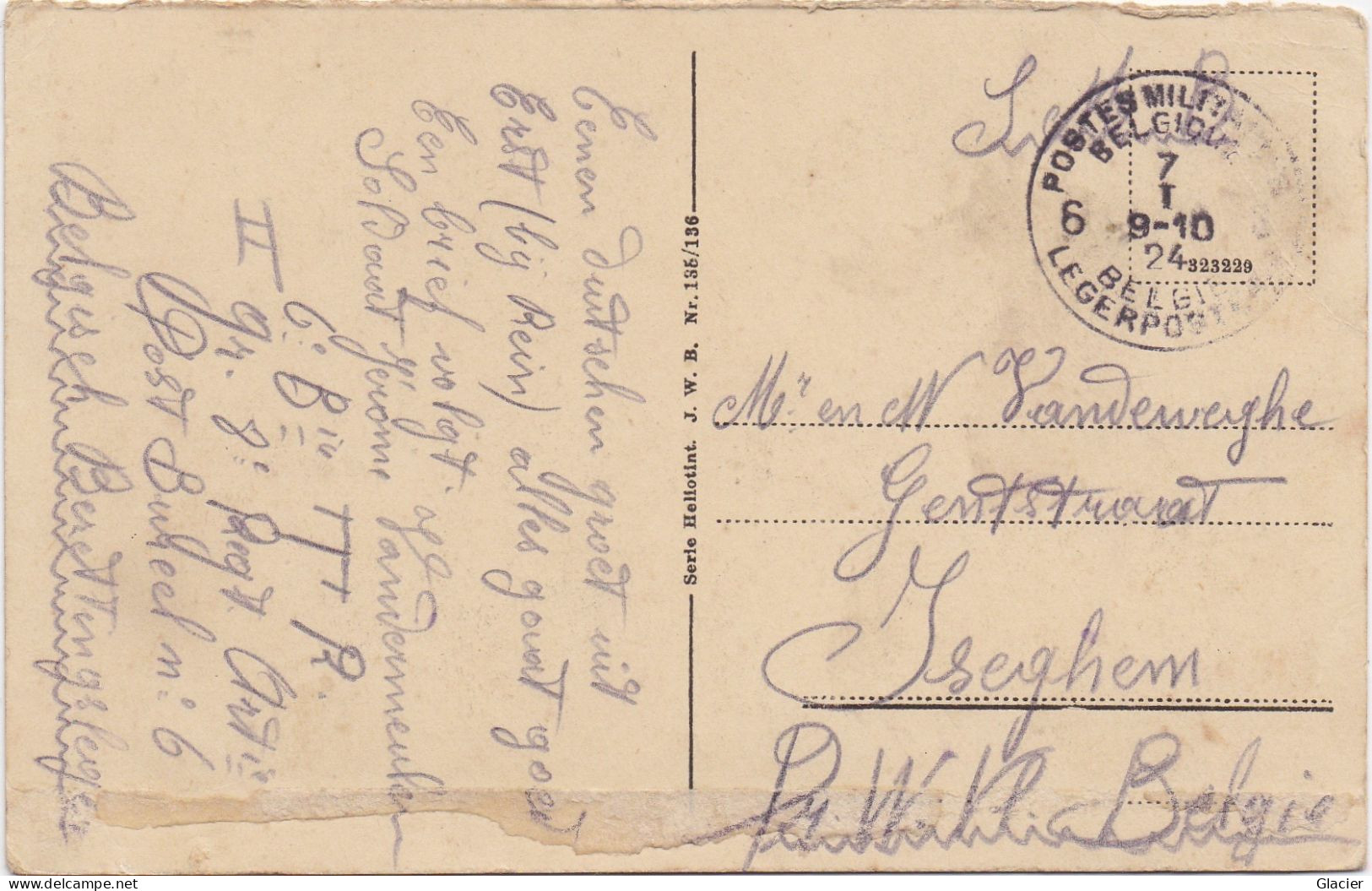 Postes Militaires Belgique - 1924 - Belgie Legerposterij - Service Militaire - Neus A Rhein Naar Iseghem - Storia Postale