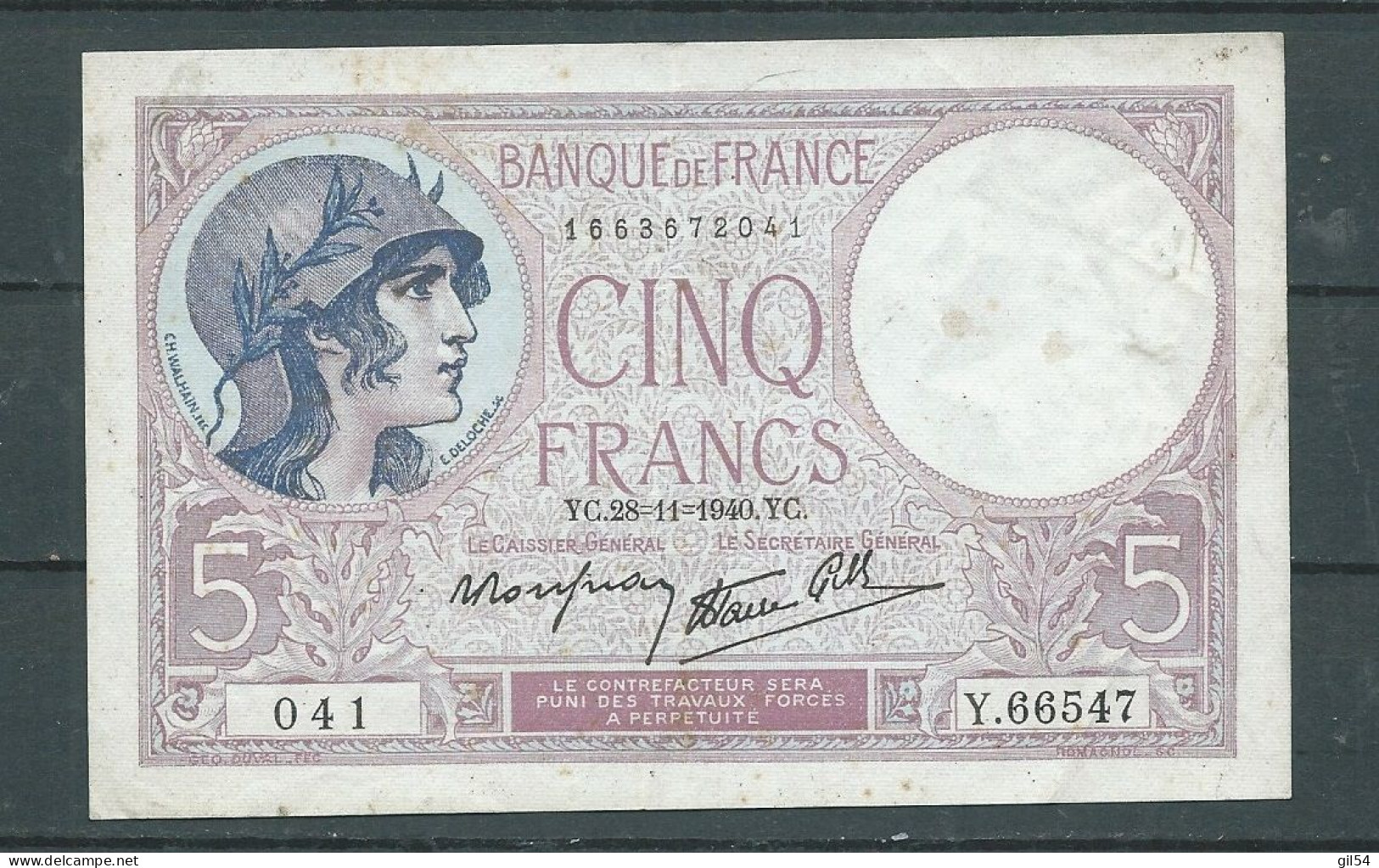 Billet France - Billet De 5 Francs Type Violet  6 28/11/1940 041  Y.66547- Laura13914 - 5 F 1917-1940 ''Violet''