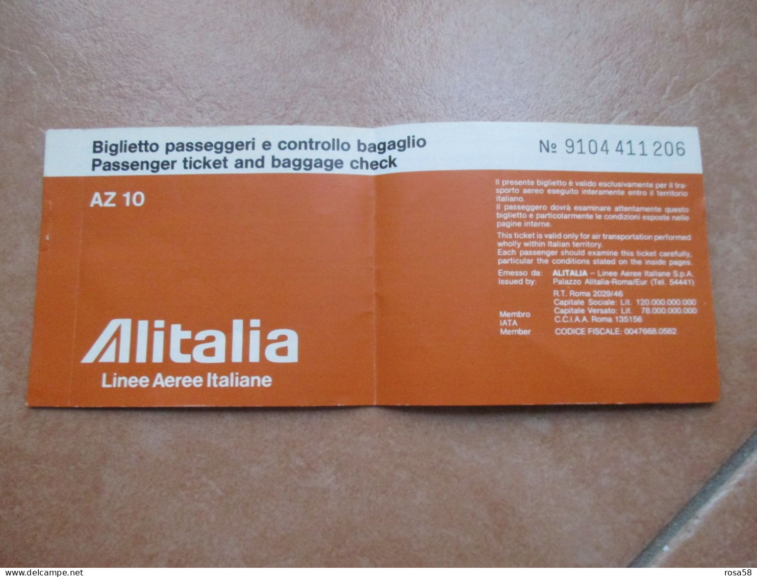 ITALIA Alitalia Linee Aeree Italiane Biglietto Passeggeri E Controllo Bagaglio AZ 10 - Europa