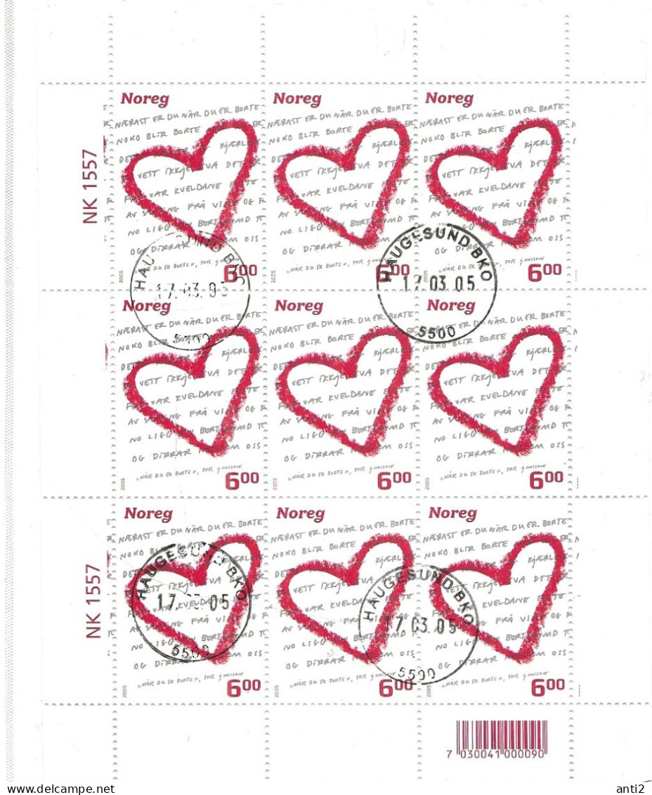 Norge Norway 2005 Valentins Day, Mi 1522 In Minisheet Of 9 Cancelled(o) - Oblitérés