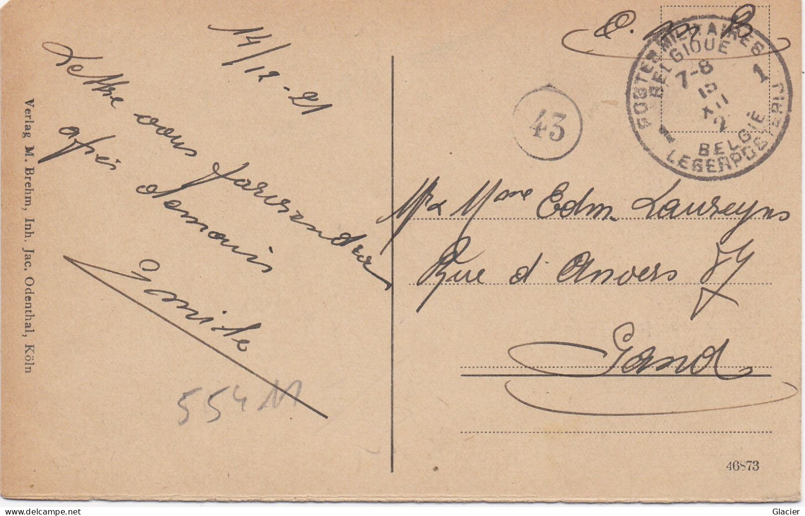 Postes Militaires Belgique - 1921 - Belgie Legerposterij - Service Militaire - Bingen A Rhein ( Deutschland ) Naar Gand - Brieven En Documenten