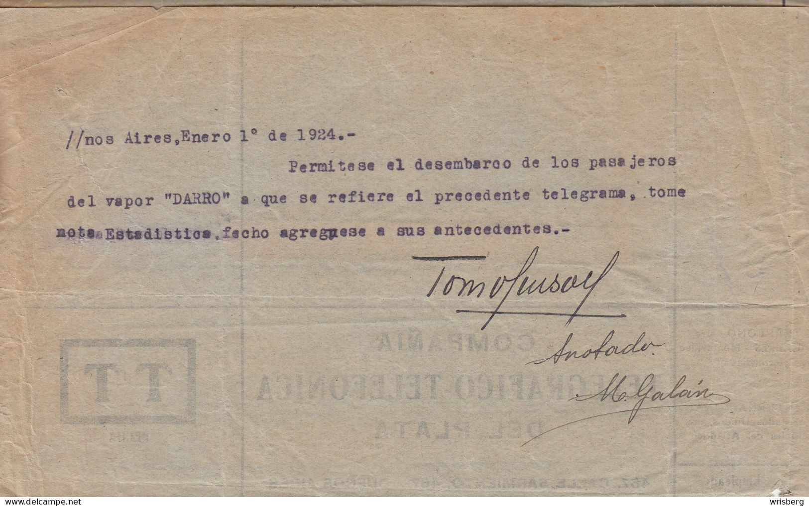 Télégramme CONSTANTINOPLE à BUENOS AIRES Du 1 Janvier 1924 (SERVICE De L'immigration /Passagers Du Vapeur "DARRO") - Télégraphes