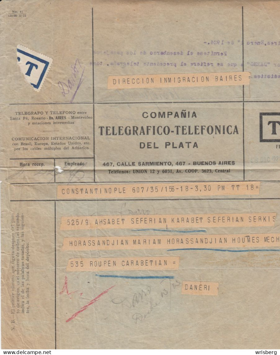 Télégramme CONSTANTINOPLE à BUENOS AIRES Du 1 Janvier 1924 (SERVICE De L'immigration /Passagers Du Vapeur "DARRO") - Telegrafo