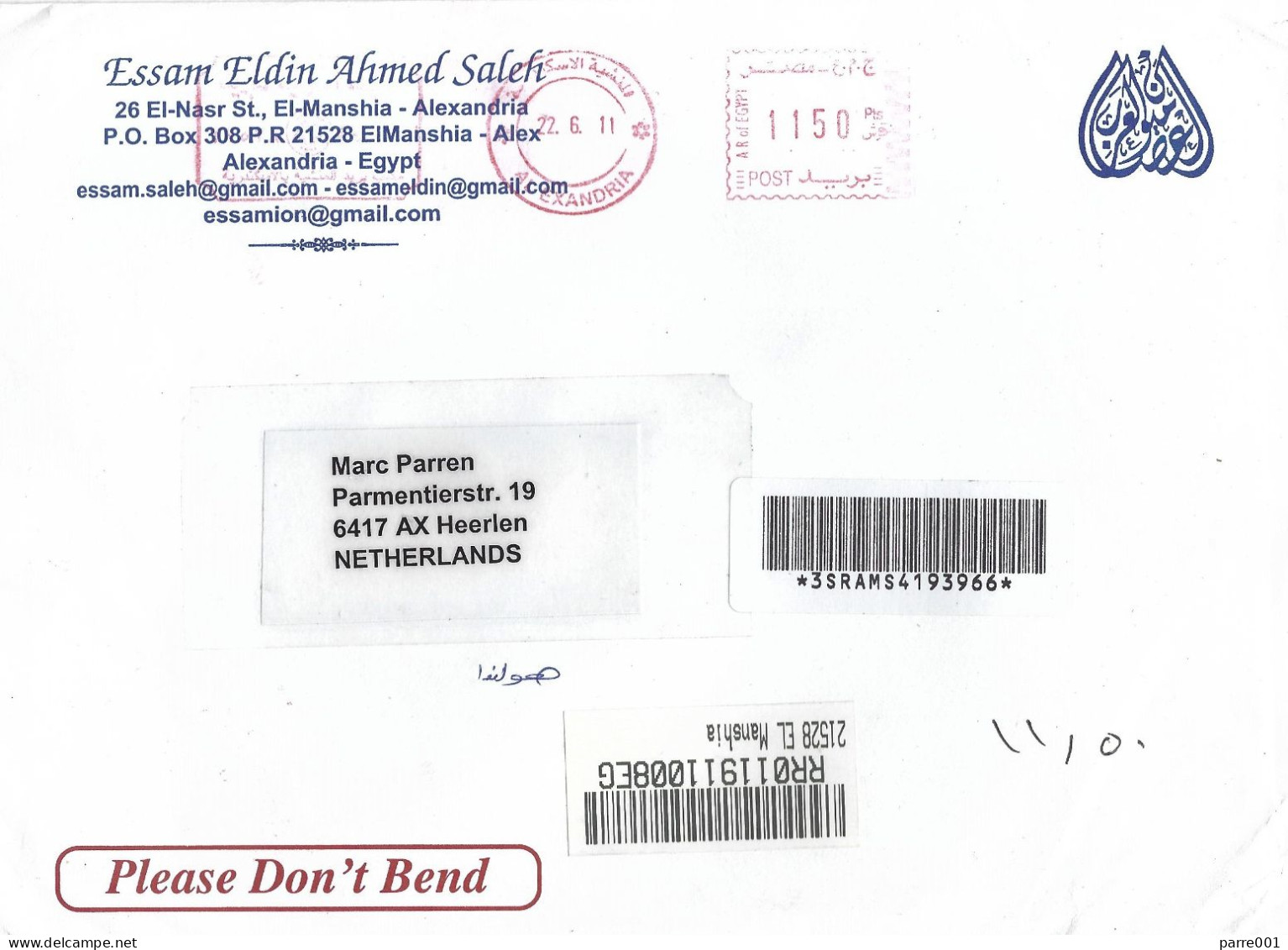 Egypt 2011 Alexandria El Manshia Meter Neopost “Electronic” EMA Registered Cover - Covers & Documents